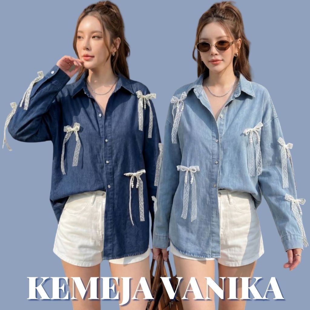 KEMEJA Vanika Denim Ribbon Shirt for Women Korean Style Oversize Casual Cute Fashion for Girls by Co
