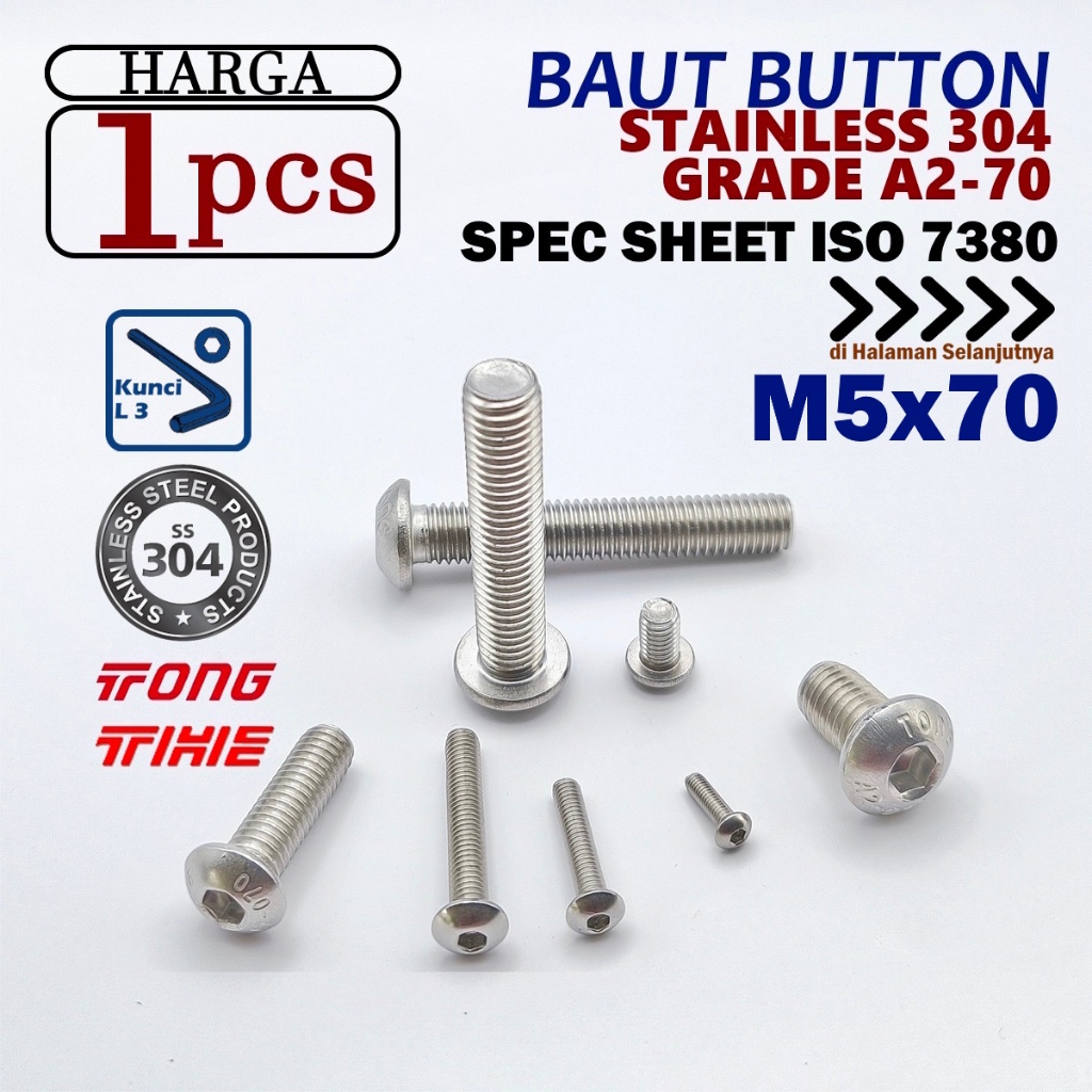 SS 304 / L ปุ่ม Bolt M5x70 สแตนเลส A2-70 ทนสนิม L3 คีย์ BUTS05 M5