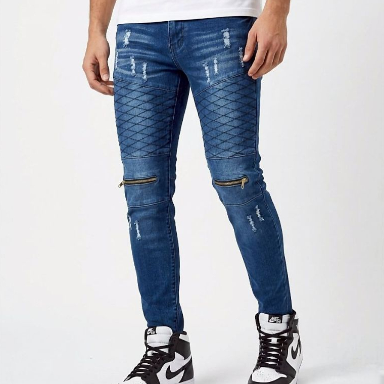 Eva Jeans Zipper Biker Jeans | กางเกงยีนส์ Biker Ripped สําหรับผู้ชาย
