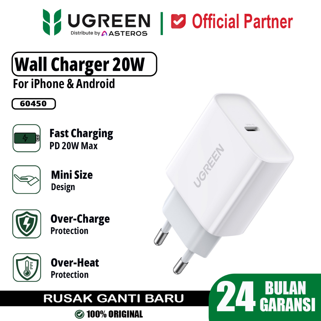 UGREEN อะแดปเตอร์หัวชาร์จ Type C 20W สําหรับ iPhone Android ชาร์จเร็ว 60450 ของแท้