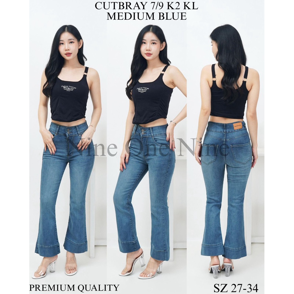 CUTBRAY PANTS 7/9 HW JEANS 2 ปุ่ม MEDIUM BLUE NINE O NINE JEANS PREMIUM QUALITY