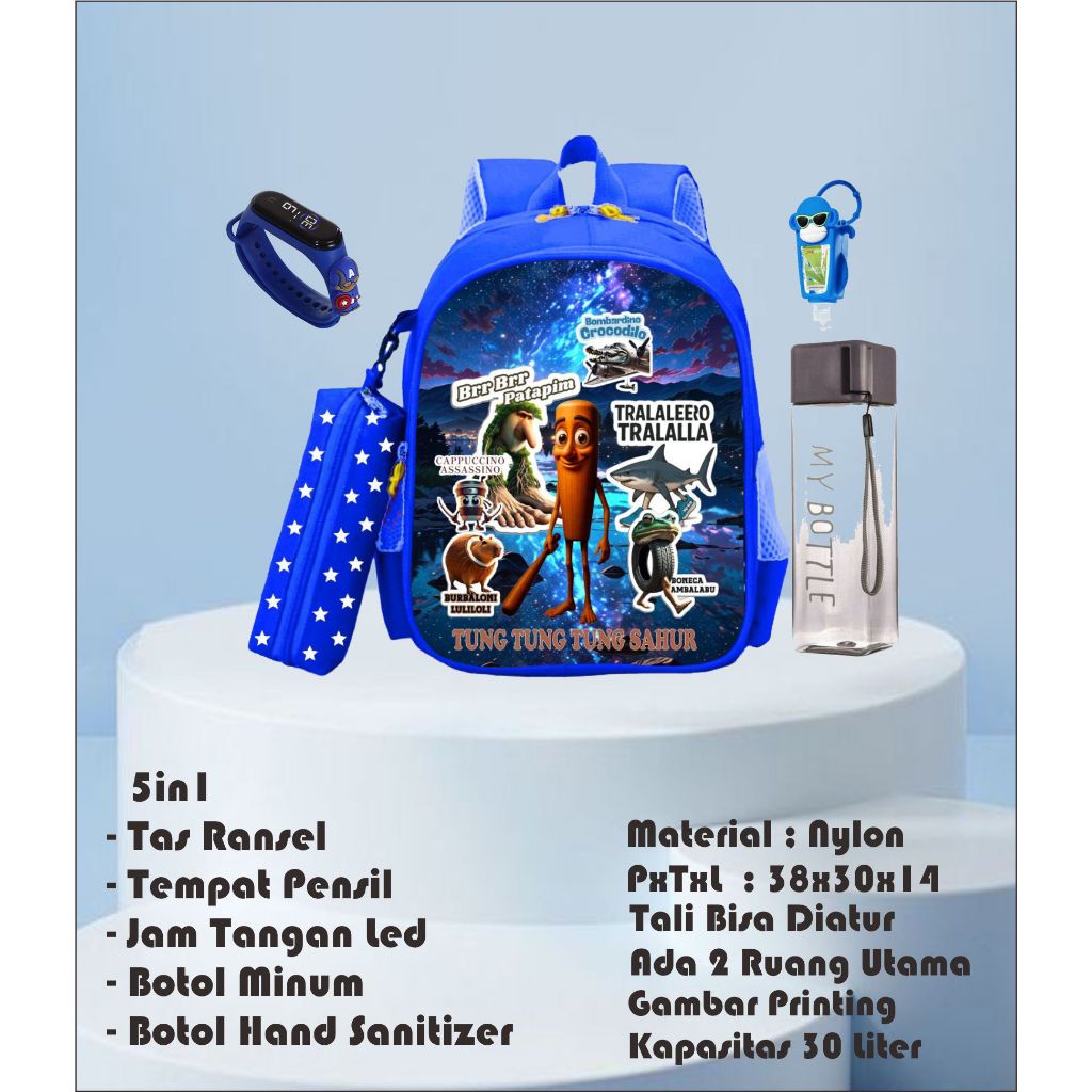 PAKET 5 in 1 Tas Ransel Sekolah Anak Laki-Laki TK dan SD Karakter TUNG TUNG TUNG SAHUR Premium