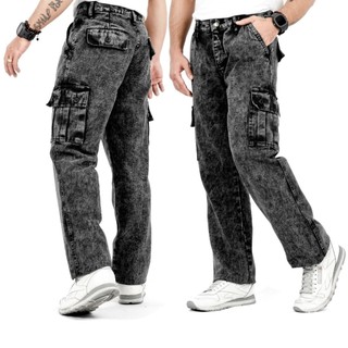 Celana Cargo Jeans Pria Loose fit Reguler / Cargo pants Jeans Reguler Standard Denim Black Wash sandwash