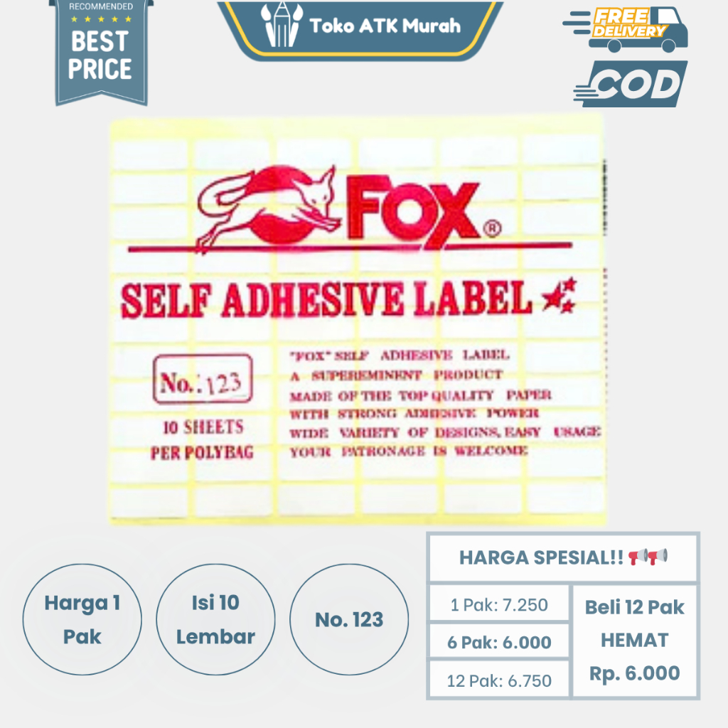 กระดาษสติ๊กเกอร์ Fox / Label No. 123 ขนาด 12 x 30 มม. (สี่เหลี่ยม)