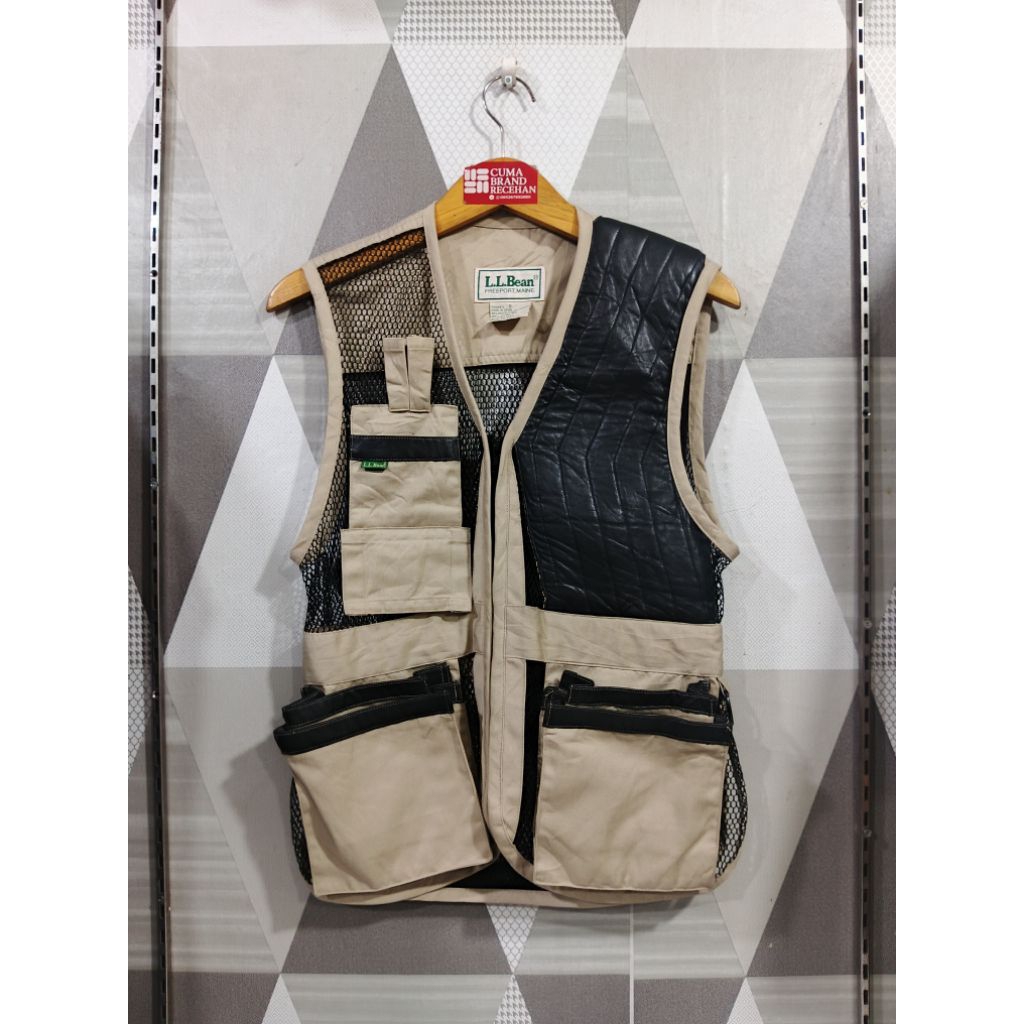 VEST TACTICAL LLBEAN VINTAGE MESH CANVAS LEATHER TRIM HUNTING VEST