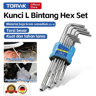 TORVIK Kunci L Bintang Set 9 Pcs Vanadium Chrome Long Torx Hex Key Wrench 1.5-10mm
