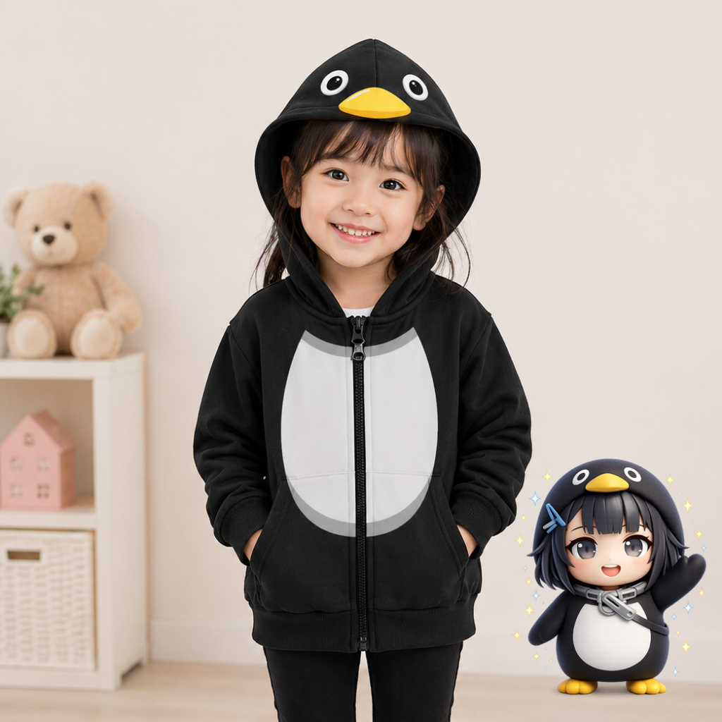 เสื้อแจ็คเก็ตมีฮู้ดซิปสําหรับเด็ก Penguin Guguga Gugu Gaga Penguin เครื่องแต่งกายวัสดุขนแกะน่ารัก