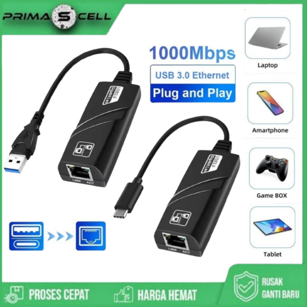 TYPE C / USB 3.0 GIGABIT TO LAN 1000MBPS RJ45 CONVERTER ADAPTER / ADAPTER USB TO LAN