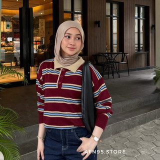 AFN95 - Melodia Blouse Stripe Knit | Top Premium collaredWanita with colorful striped design