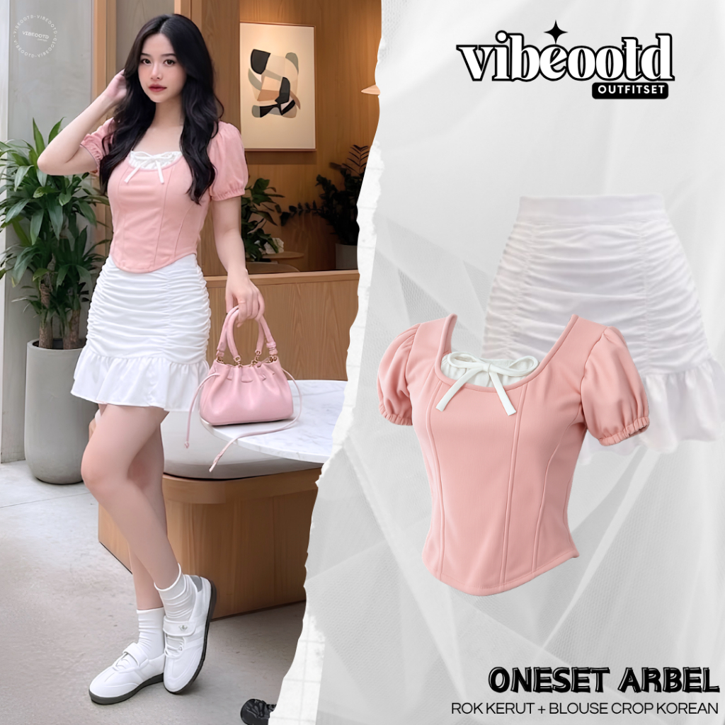 Arbel Outfit Set สําหรับผู้หญิง (กระโปรงมินิริ้วรอย + เสื้อครอป Coquette) One Set Hangout สไตล์เกาหล