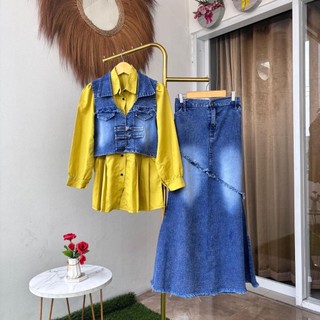 Oneset Rok 3in1 Afika Plus Kemeja Rempel Kekinian Trendy