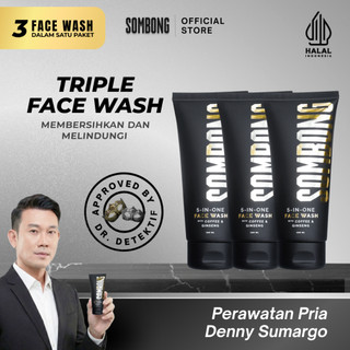 [TRIPLE] SOMBONG 5-in-1 Face Wash with Coffee & Ginseng Sabun Pembersih Wajah Pria 100 ml - Sabun Cuci Muka Pria Membantu Mengontrol Kulit Beriminyak Mencerahkan Wajah - Niacinamide (Vitamin B3), Menthol, Coffea Canephora Bean Extract, Myristic Acid, Laur