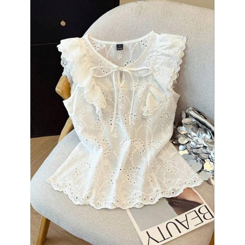 FYF_A1304 - เสื้อแขนกุดปักโบว์ผูกคอ