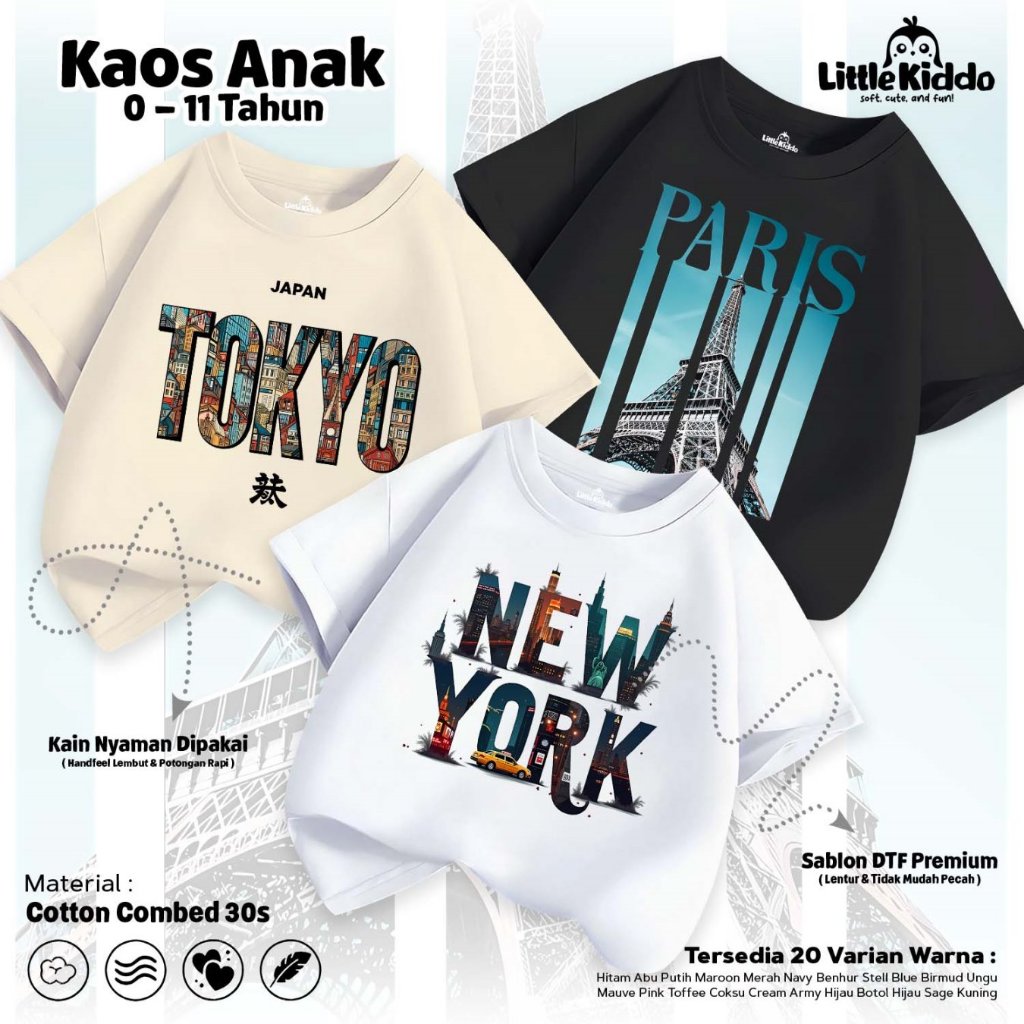 LITTLE KIDDO - เสื้อยืดเด็กพร้อม City Images I Tops สําหรับเด็กชายและเด็กหญิง (0-11 ปี) - Japan Pari
