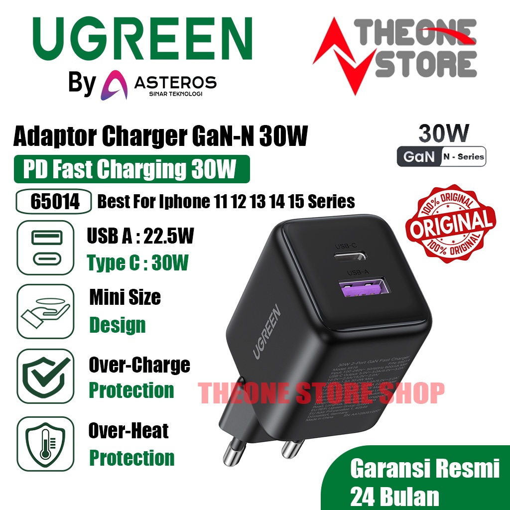 UGREEN หัวชาร์จพอร์ตคู่ 30W GaN N USB A + USB-C ชาร์จเร็ว
