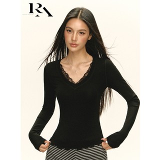 RIOD AOER T-shirt Lengan Panjang Kerah V Hitam untuk Wanita Musim Semi 2026 Kemeja Bottoming Bagian Dalam Renda Slim Fit Baru Atasan Ceruk Desain