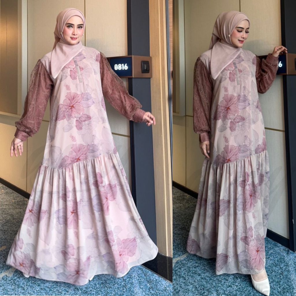 NADA DRESS BY ARSY HIJAB DRESS BROKAT CHANTILLY PREMIUM DUSTY PINK CURTY BABYDOLL ELEGANT