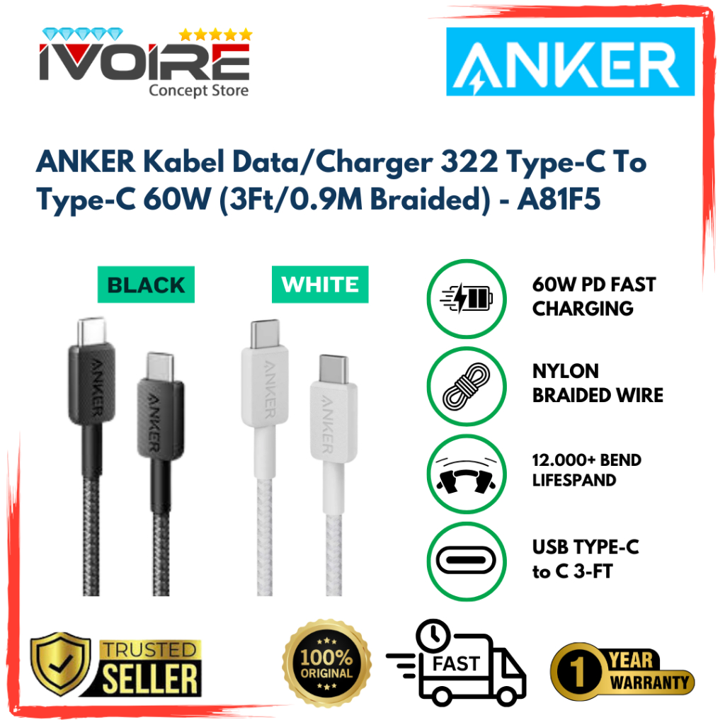ANKER Data/Charger Cable 322 Type-C To Type-C 60W (3Ft/0.9M Braided) - A81F5