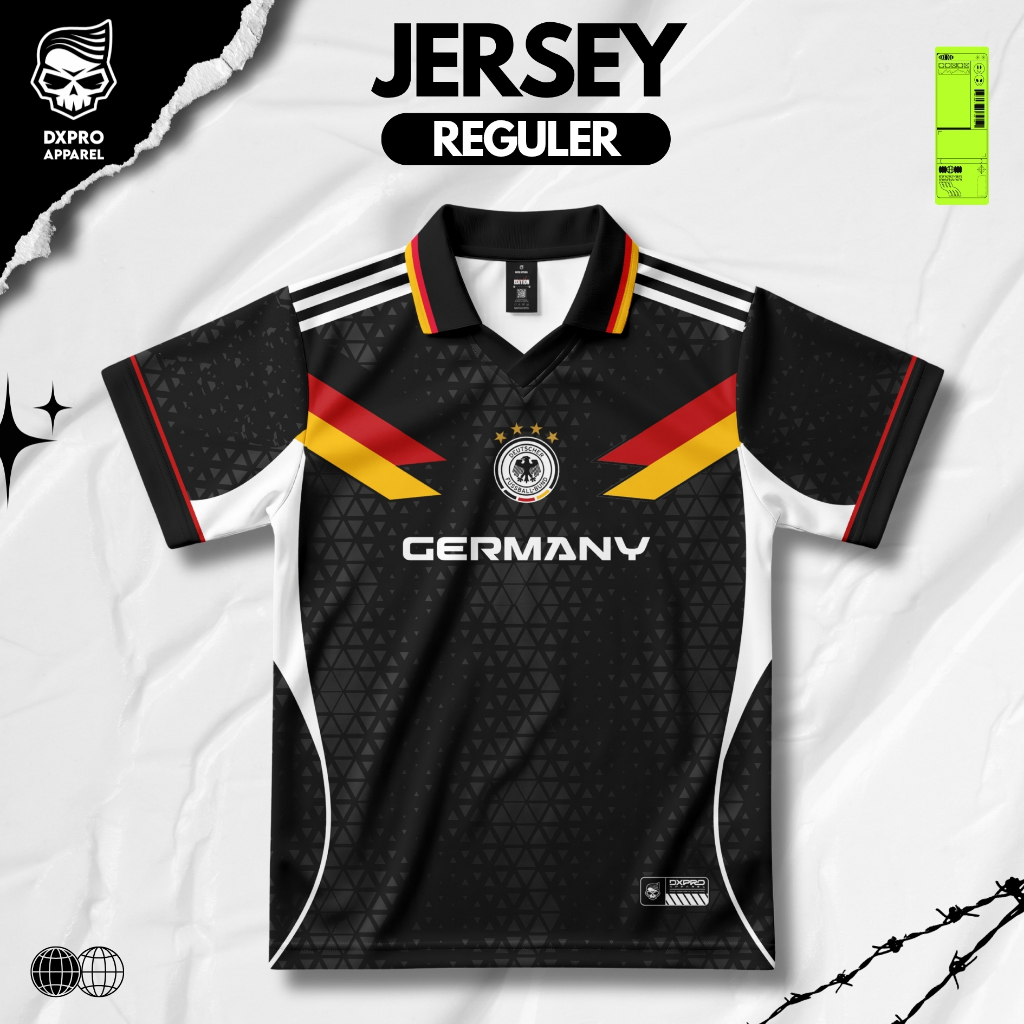 DXPRO - Retro Fantasy Sport Germany Black Edition Jersey – เสื้อพิมพ์ระเหิดปกติพร้อมวัสดุ UV Dryfit พรีเมี่ยม รายละเอียดคมชัด เย็นสําหรับสวมใส่ทุกวันและไม่จางหายได้อย่างง่ายดาย