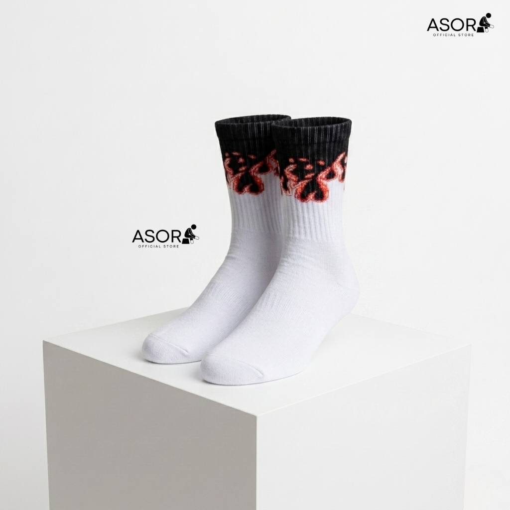 Asora.co - FLAME Socks - Oldschool ระดับพรีเมียมสําหรับผู้ใหญ่ - ลายเปลวไฟ วัสดุหนา 3 ชั้น