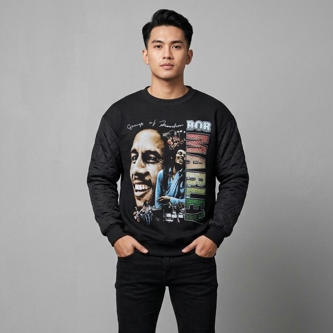 เสื้อสเวตเตอร์ คอกลม Oversize Black Bob Marley Mc.F supply co