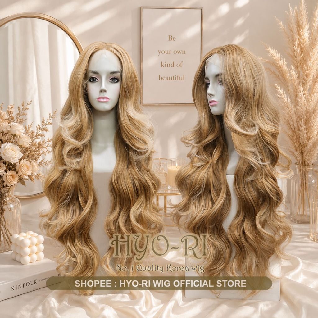 HYO-RI WIG : FRONT LACE WIG LACE LONG WIG WOMENS WIG NATURAL KOREAN WIG LONG CURLY WAVE GOLD WAVE BL