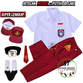 Setelan Super Lengkap Seragam Sekolah SD Laki-Laki MERAH-PUTIH Baju Pendek Celana Panjang
