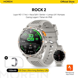 Morein Rock 2 Smartwatch - Baterai 1100mAh, Senter + UV,  Kompas, Tahan Air IP68, Monitor Kesehatan