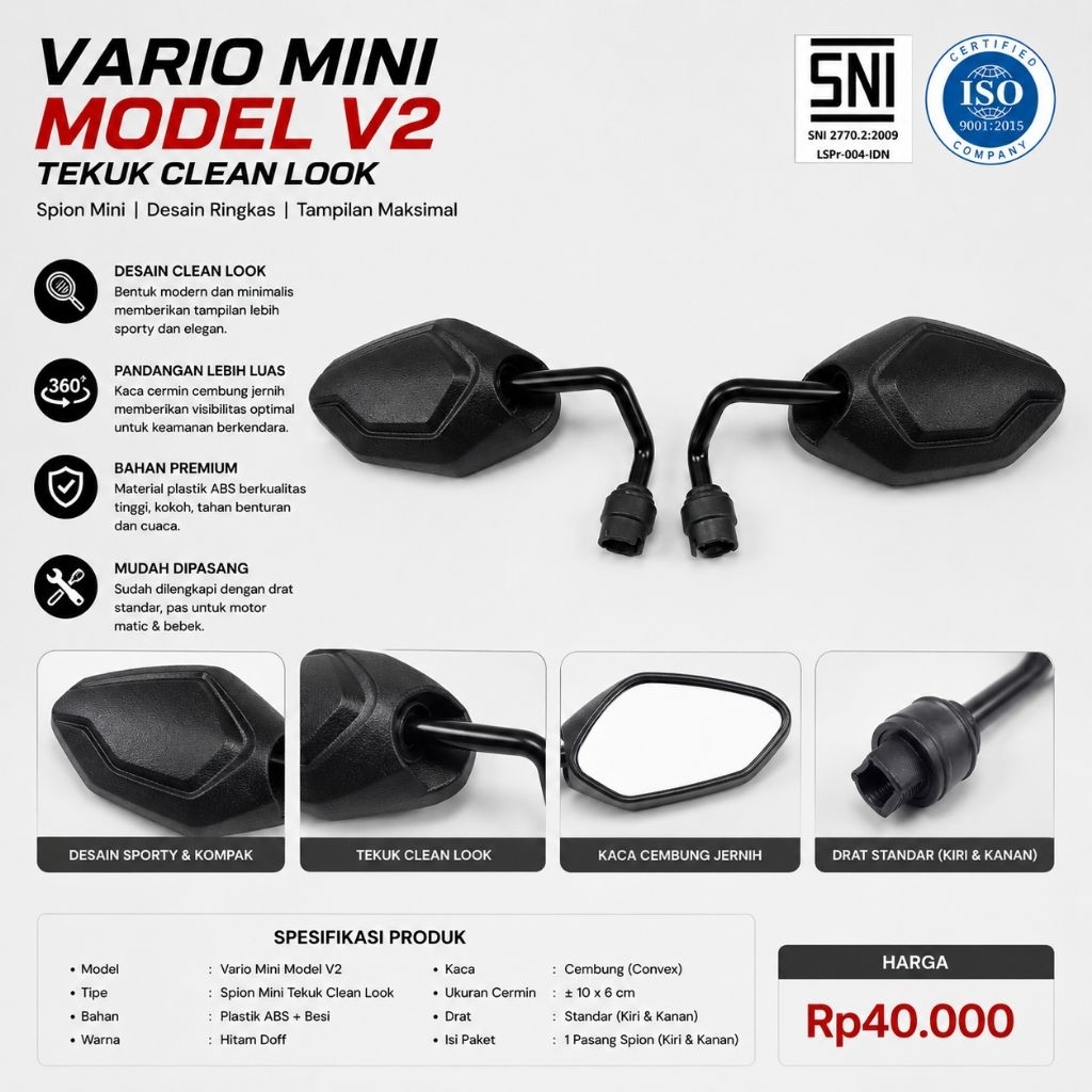 Vario Mini Motorcycle Mirror รุ่น V2 Bend Clean Look กระจกมองหลัง
