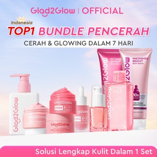 [Cocok Untuk Pemula]Glad2Glow Cerah Glowing Bundle all in 1 7in1-Brightening Moisturizer+Serum+Cleanser+toner+Peeling solution+Retinol 10%Niacinamide skincare paket pembersih perawatan kulit mencerahkan warna kulit g2glow official store