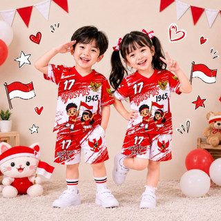 Setelan Jersey anak perempuan & laki-laki motif kemerdekaan 17 agustus merah putih