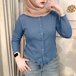 CARDIGAN Crop Top Rajut Wanita Lengan Panjang Cotton Rib Motif Berkancing Korean