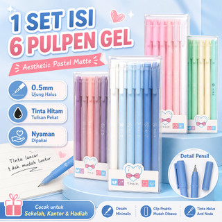 1 Set 6 Pcs Pulpen Gel Aesthetic Pastel Matte 0.5mm Tinta Hitam untuk Sekolah Kantor Hadiah