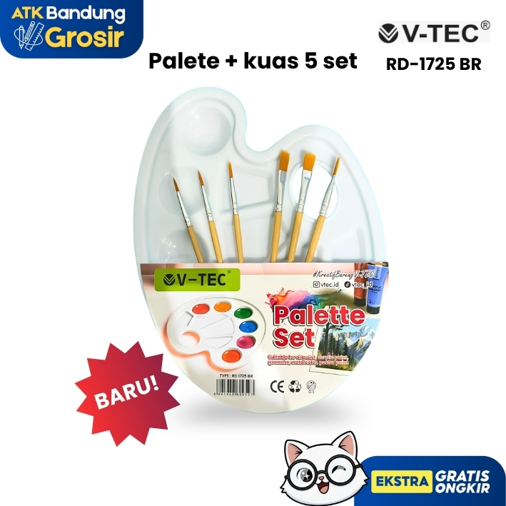 V-TEC RD 1725 BR 6 ชิ้นจานวาดภาพ + ชุดแปรง 6 แปรงและจานพลาสติกรูปไข่สีขาว