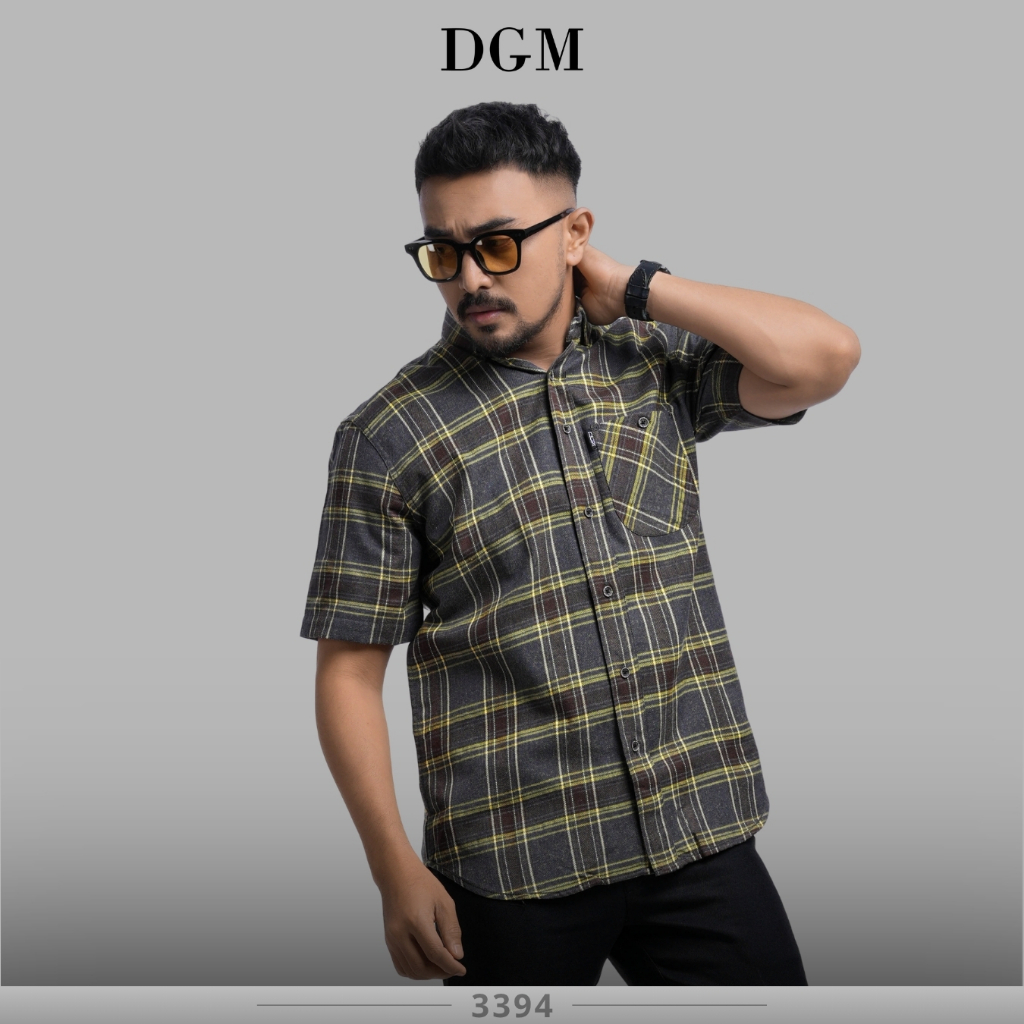 KEMEJA DGM Short Shirt Mens Short Flannel Shirt Short Flannel Shirt Mens Flannel Grey Yellow Stripes