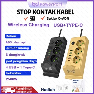 [Garansi dua tahun] PowerPort 2500W Power Strip Power Socket Charger Stop Kontak Usb Charger 2Meter / Power Socket Charger 4USB + 3 colokan +Pengisian daya nirkabel