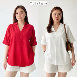 MELISA COTTON V-NECK TWIST BLOUSE WANITA KATUN PREMIUM | Blus Wanita