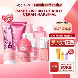 [Cocok Untuk Pemula]Glad2Glow Cerah Glowing Bundle all in 1 7in1-Brightening Moisturizer+Serum+Cleanser+toner+Peeling solution+Retinol 10%Niacinamide skincare paket pembersih perawatan kulit mencerahkan warna kulit g2glow official store