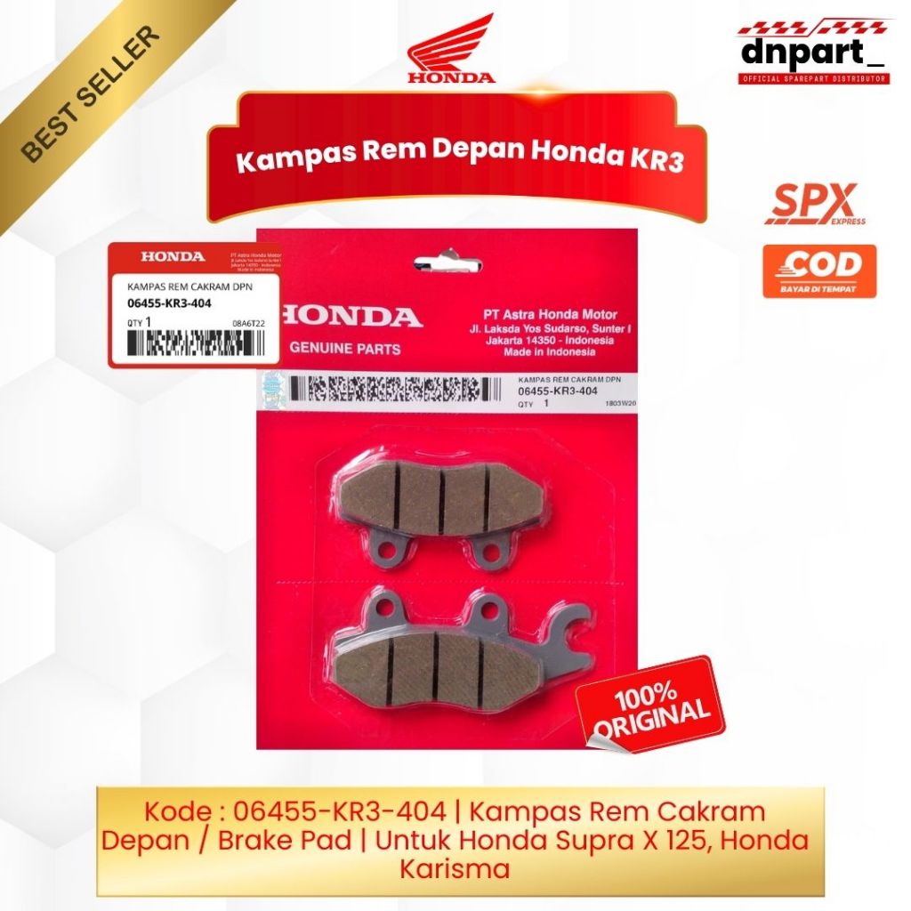 ผ้าเบรกหน้าสไลด์ PCX ใหม่ KARISMA MEGA PRO REVO SUPRA FIT X 125 TIGER 2000 CODE KR3 06455-KR3-404 OR
