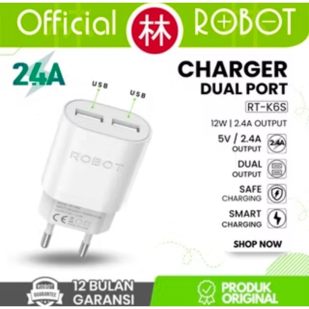 Robot RT-K6S Travel Charger Adaptor Batok Charger Dual Output 2.4A New RT-K6 - ขายปลีก