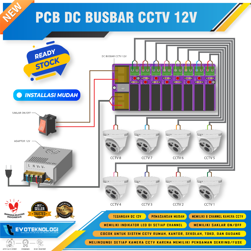 Evoteknology PCB DC BusBar cc tv 12V Safety cc tv แหล่งจ่ายไฟ