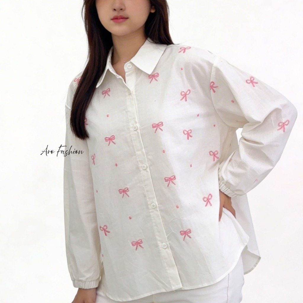 KEMEJA Camelia เสื้อเชิ้ตผ้าลินินปักริบบิ้นผู้หญิง Coquette