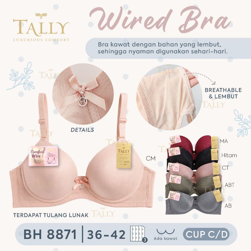 SALLY BRA BH 8871 l CUP C/D l WIRED l THIN FOAM l 3 HOOKS l SIZE 36 = CUP C, SIZE 38 - 42 = CUP D