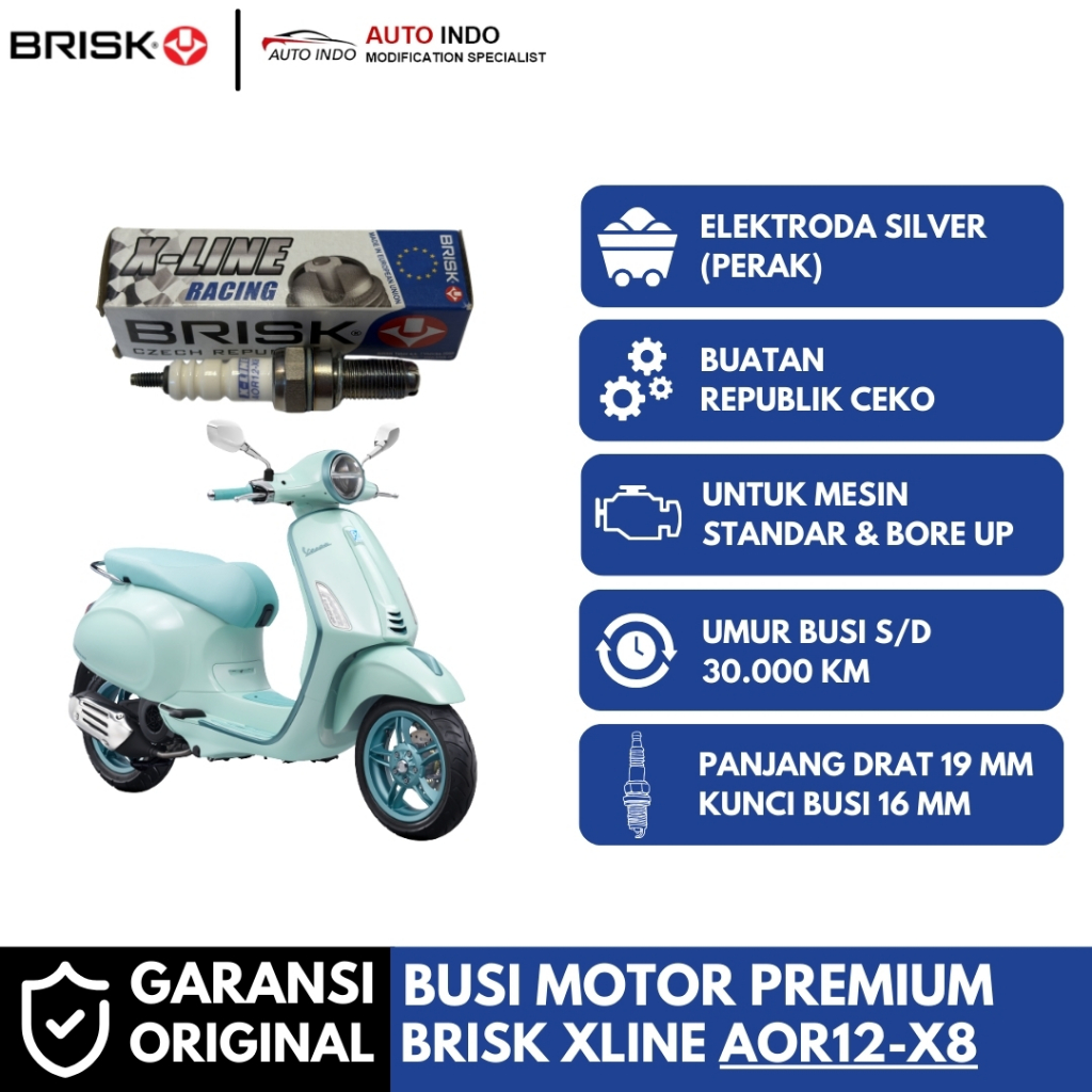 หัวเทียนรถจักรยานยนต์ Brisk Xline AOR12-X8 สําหรับ Piaggio Vespa LX | ประกัน BRISK ดั้งเดิม