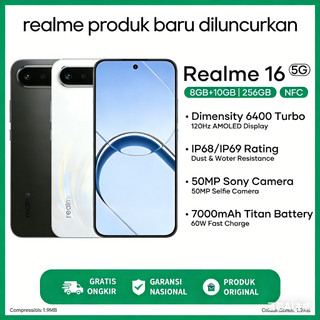 Realme 16 5G 8GB+10GB 256GB HP Realme 16 Pro 5G Garansi Resmi 7000mAh Baterai Titan 60W Fast Charging Kamera 50MP IP68 Anti Air Debu HP Android