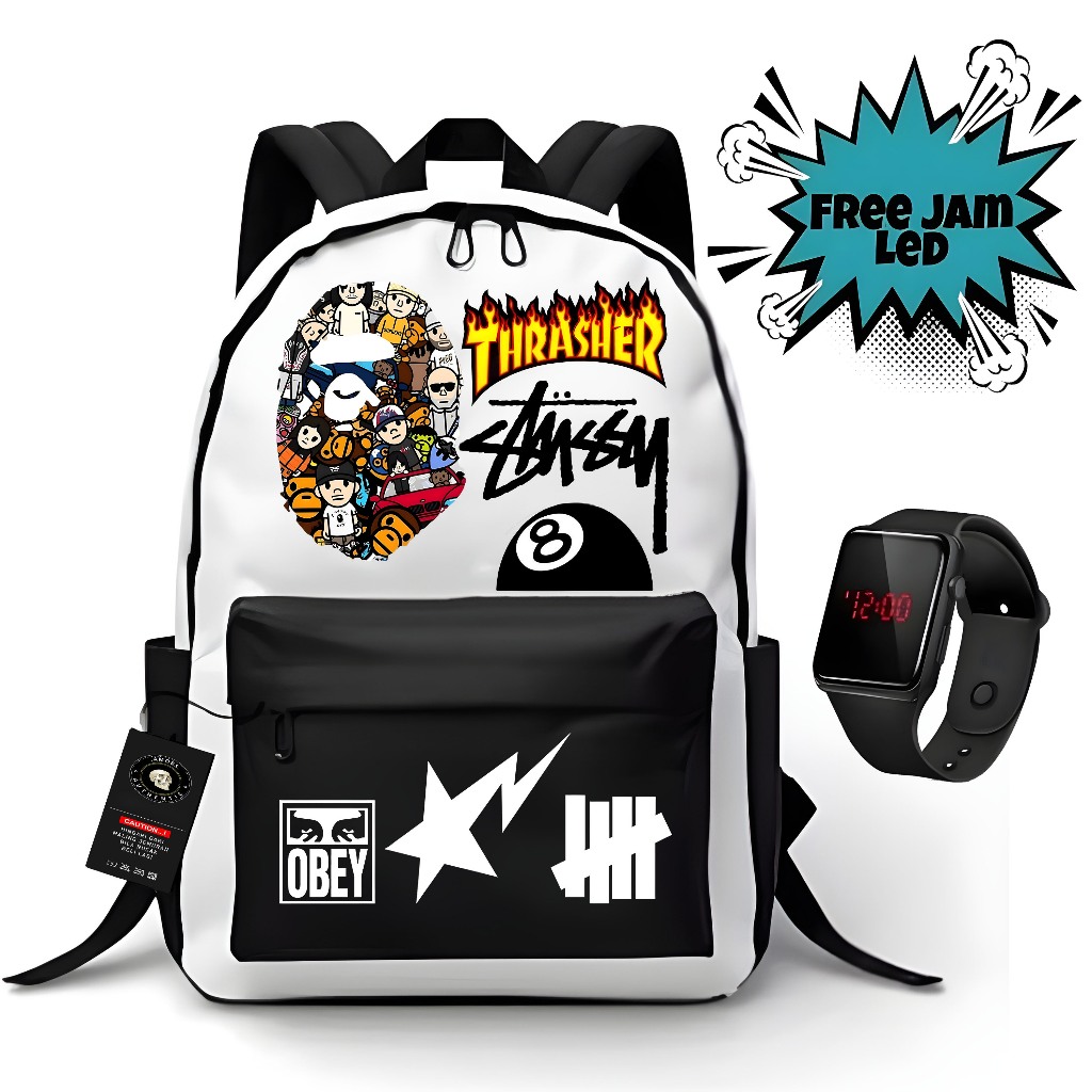 กระเป๋าเป้ Cool School สําหรับผู้ชายและผู้หญิง ใหม่ล่าสุด Viral Unisex Bape x Thrasher Stussy Distro Backpacks 2026