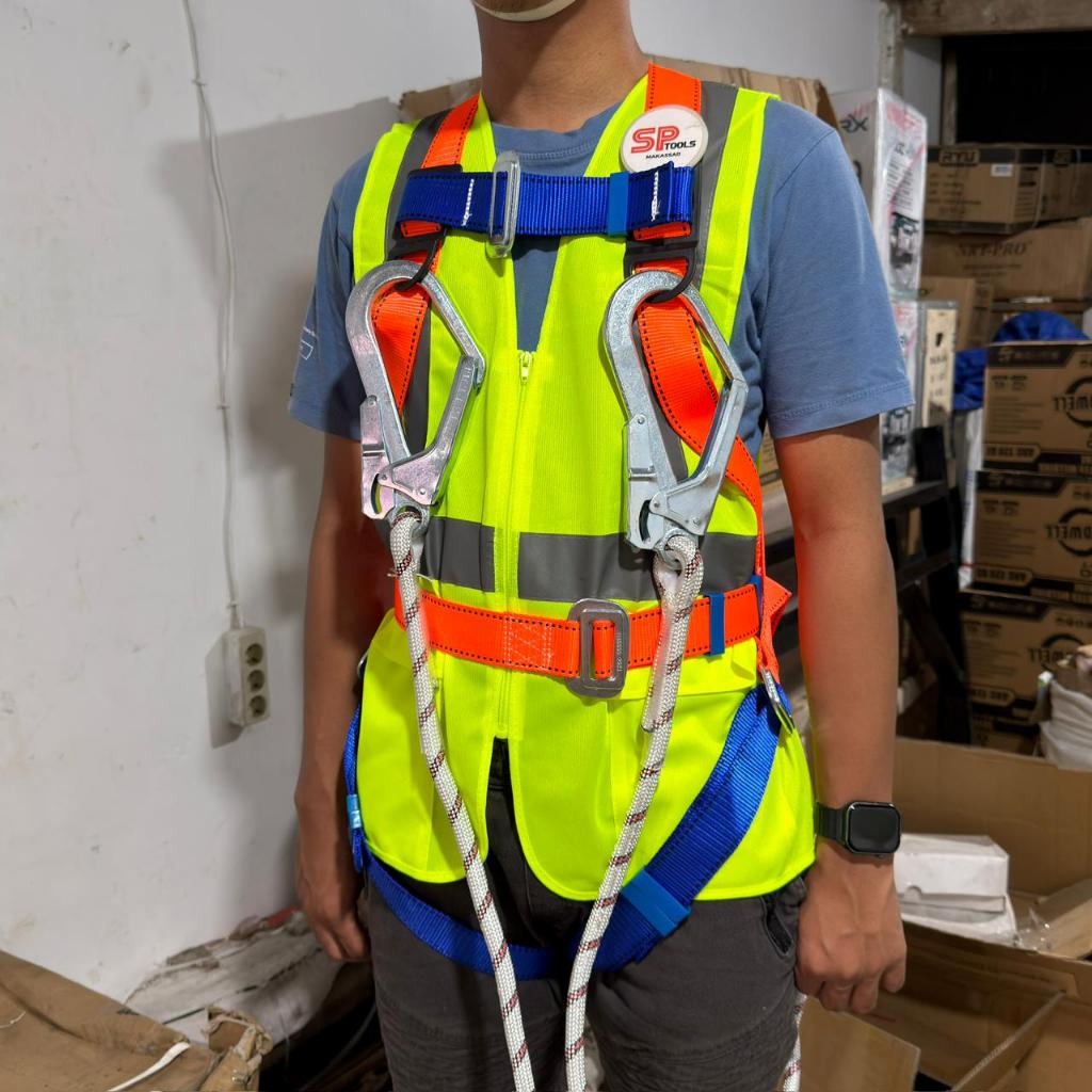 FULL SAFETY BODY HARNESS / SAFETY BELT / DOUBLE STRAP SAFETY BELT + 2 HOOKS + ABSORBER TECHNO