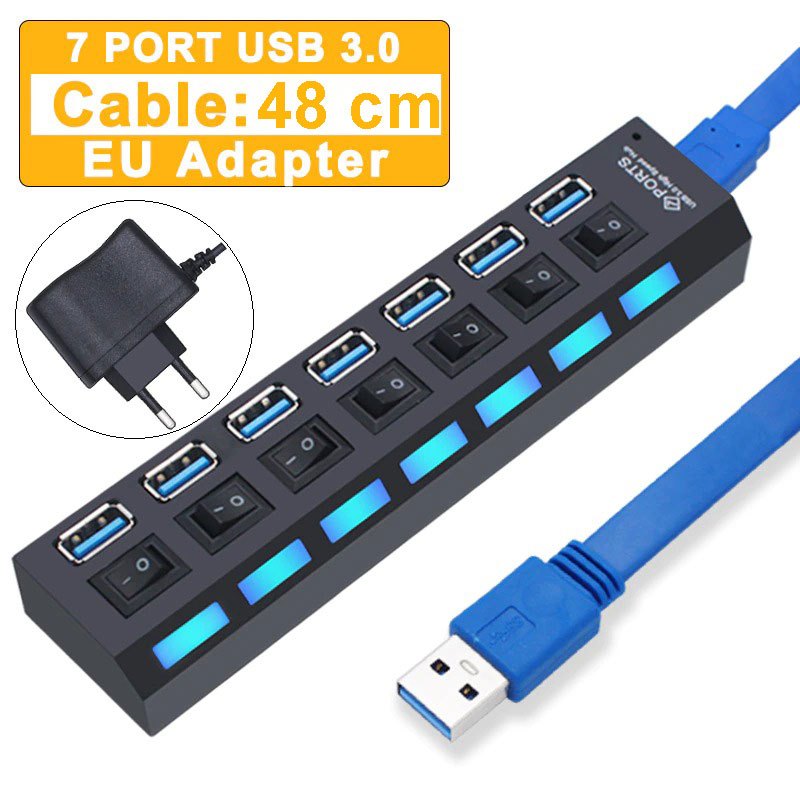 USB Type A Hub 7 Port USB 3.0 ตัวขยายความเร็วสูง - Y445 - สีดํา