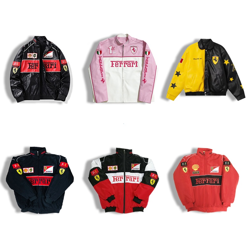 GTY Ferrari F1 Racing Jacket เย็บปักถักร้อยพรีเมี่ยม Vintage หนัง Varsity Jacket ร่มชูชีพกีฬา Windbr