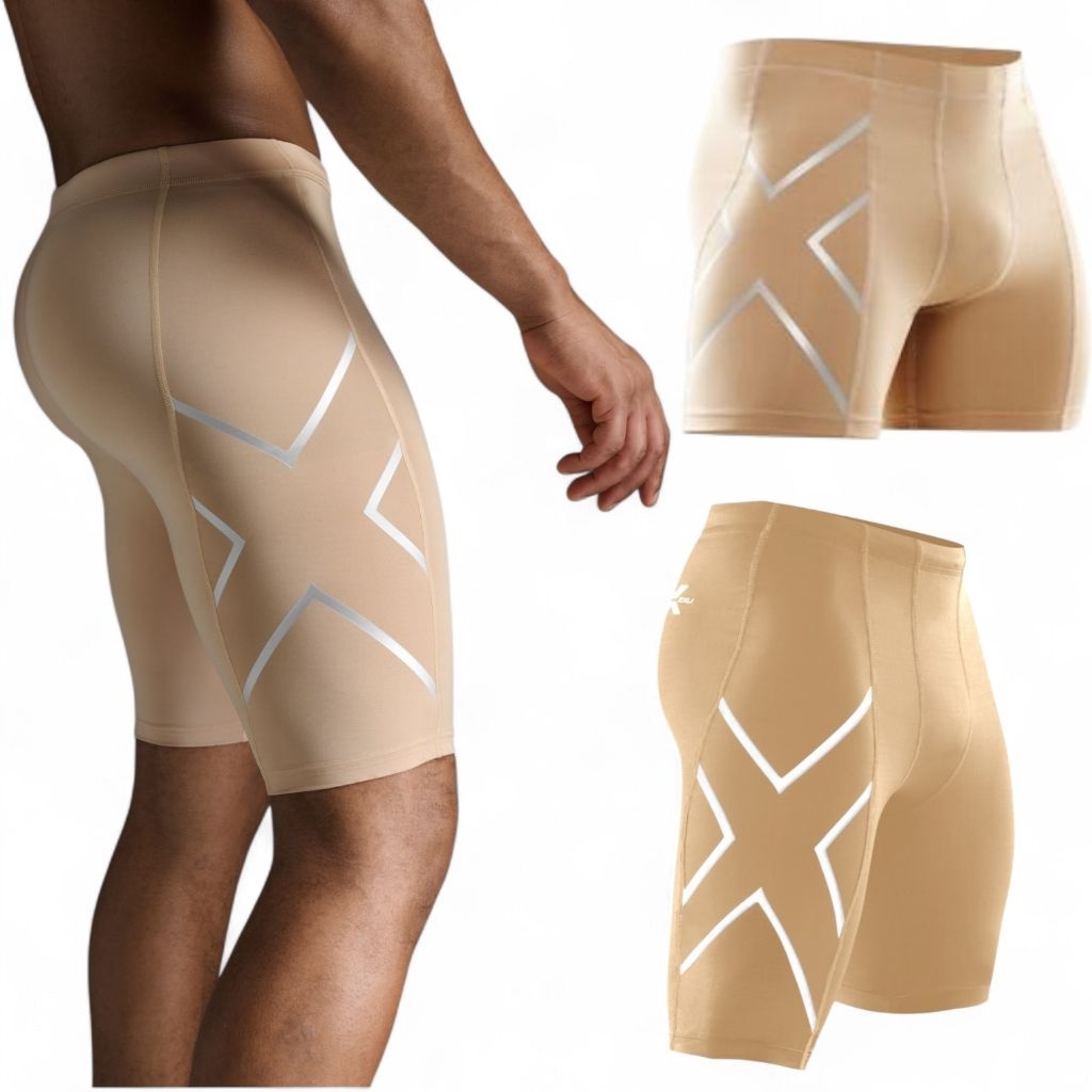 2XU Mens Compression Shorts - สีเบจ/เงิน HOT BLAGAIN || สั้น 2xu SXB SPORT INDONESIA